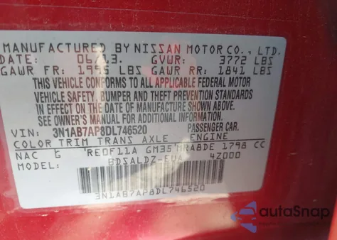 2013 Nissan Sentra Sv из США, поврежденный, VIN 3N1AB7AP8DL746520